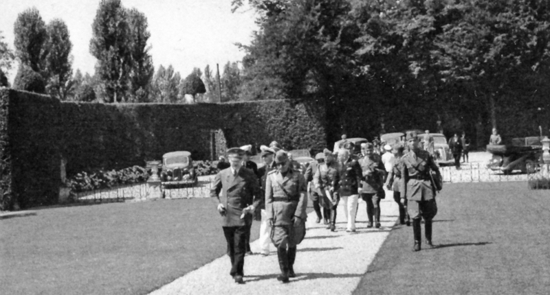 Adolf Hitler and Benito Mussolini arrive at Villa Gaggia, in San Fermo, Italy, for their meeting, a few days before the overthrow and imprisonment of the Duce